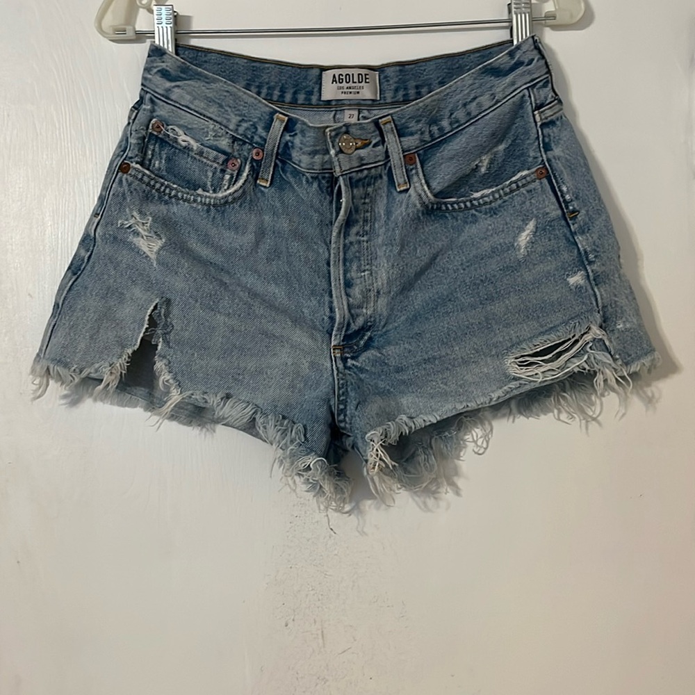 Agolde Denim Shorts Parker Jean Shorts Button Fly Distressed Womens 27